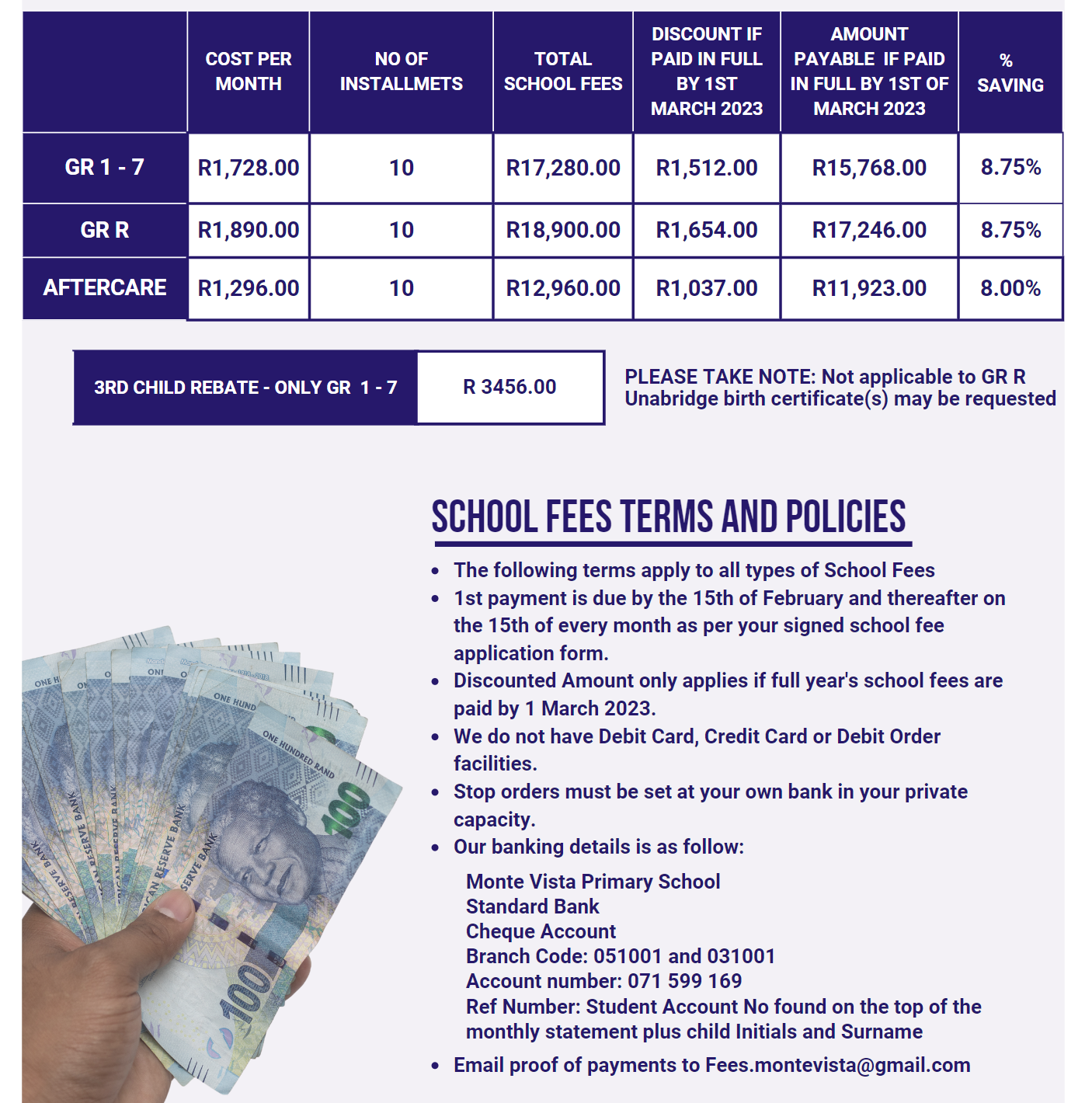 School Fees for 2023 at Monte Vista Primary School.